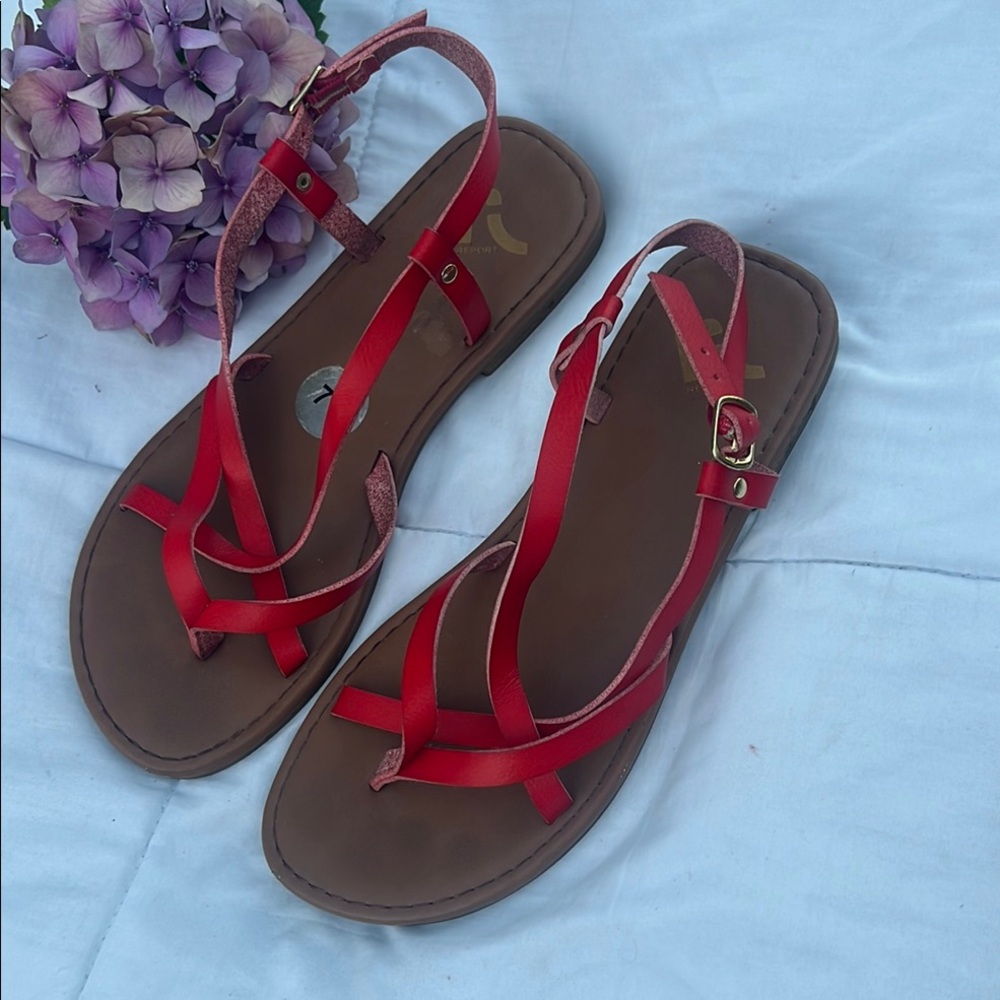 Red and Brown T-Strap Sandals with Ankle Buckle
